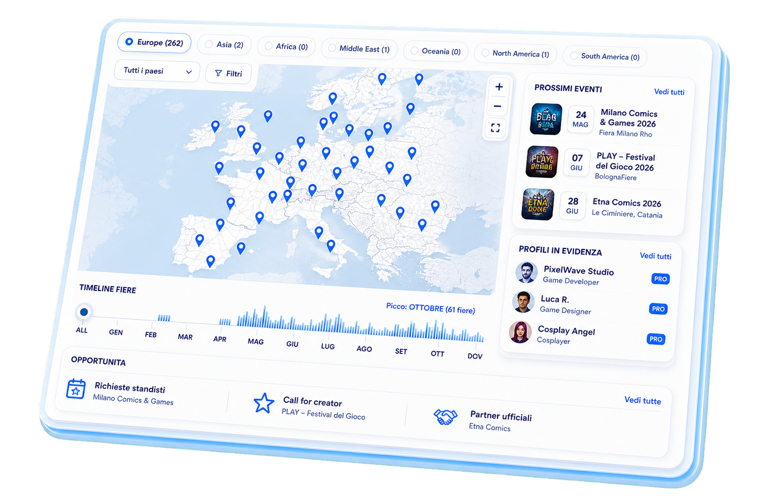GamingFairs promotional dashboard with a European fair map, timeline, upcoming events, featured profiles and opportunities.